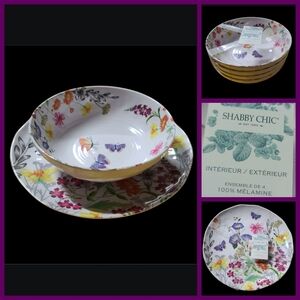 Shabby Chic Set Of 8 Pcs Melamine Floral Butterfly Dinner  Plates 11” Bowls 8”